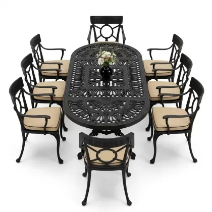 8 Kişilik alüminyum döküm masa sandalye takımı Ferforje metal mobilya Renk Siyah