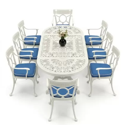 8 Kişilik alüminyum döküm masa sandalye takımı Ferforje metal mobilya Renk Beyaz