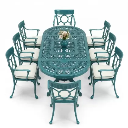 8 Kişilik alüminyum döküm masa sandalye takımı Ferforje metal mobilya Renk Turkuaz