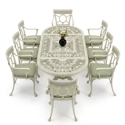 8 Kişilik alüminyum döküm masa sandalye takımı Ferforje metal mobilya Yeşil Beyaz Patina