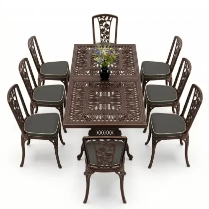 8 Kişilik alüminyum döküm masa sandalye takımı Ferforje metal mobilya Renk Bakır Eskitme