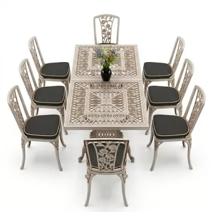 8 Kişilik alüminyum döküm masa sandalye takımı Ferforje metal mobilya Renk Beyaz Eskitme
