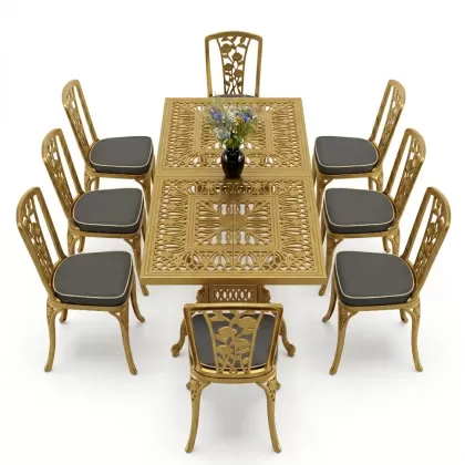 8 Kişilik alüminyum döküm masa sandalye takımı Ferforje metal mobilya Renk Gold Altın