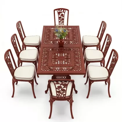 8 Kişilik alüminyum döküm masa sandalye takımı Ferforje metal mobilya Renk Kırmızı Kiremit