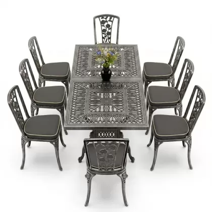 8 Kişilik alüminyum döküm masa sandalye takımı Ferforje metal mobilya Renk Silver Gümüş