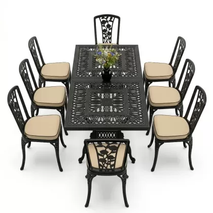 8 Kişilik alüminyum döküm masa sandalye takımı Ferforje metal mobilya Renk Siyah