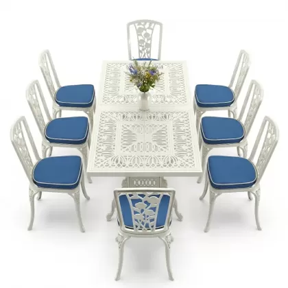 8 Kişilik alüminyum döküm masa sandalye takımı Ferforje metal mobilya Renk Beyaz