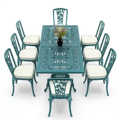 8 Kişilik alüminyum döküm masa sandalye takımı Ferforje metal mobilya Renk Turkuaz