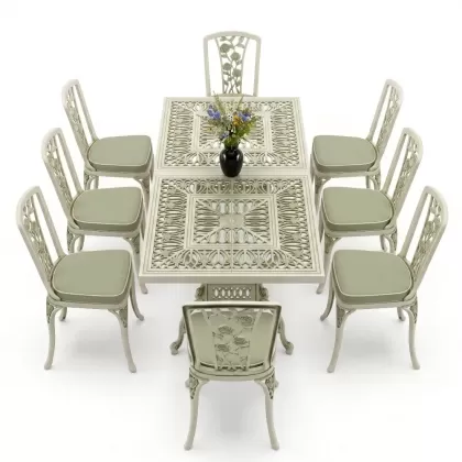 8 Kişilik alüminyum döküm masa sandalye takımı Ferforje metal mobilya Yeşil Beyaz Patina