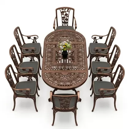 8 Kişilik alüminyum döküm masa sandalye takımı Ferforje metal mobilya Renk Bakır Eskitme