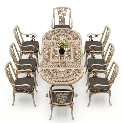 8 Kişilik alüminyum döküm masa sandalye takımı Ferforje metal mobilya Renk Beyaz Eskitme