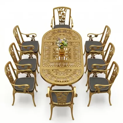 8 Kişilik alüminyum döküm masa sandalye takımı Ferforje metal mobilya Renk Gold Altın