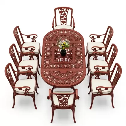 8 Kişilik alüminyum döküm masa sandalye takımı Ferforje metal mobilya Renk Kırmızı Kiremit