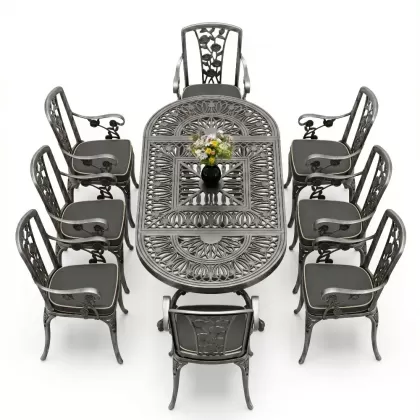 8 Kişilik alüminyum döküm masa sandalye takımı Ferforje metal mobilya Renk Silver Gümüş