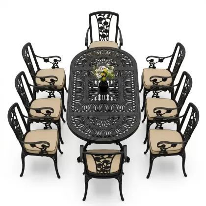 8 Kişilik alüminyum döküm masa sandalye takımı Ferforje metal mobilya Renk Siyah