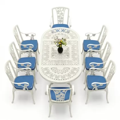 8 Kişilik alüminyum döküm masa sandalye takımı Ferforje metal mobilya Renk Beyaz