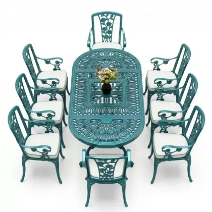 8 Kişilik alüminyum döküm masa sandalye takımı Ferforje metal mobilya Renk Turkuaz