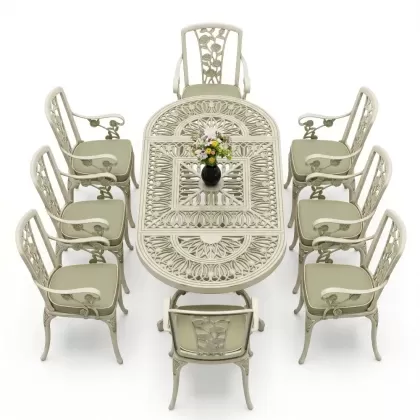 8 Kişilik alüminyum döküm masa sandalye takımı Ferforje metal mobilya Yeşil Beyaz Patina