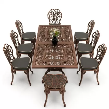 8 Kişilik alüminyum döküm masa sandalye takımı Ferforje metal mobilya Renk Bakır Eskitme