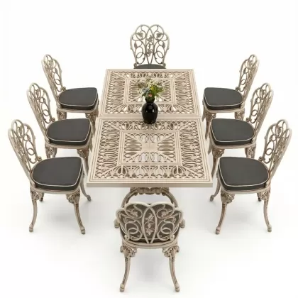 8 Kişilik alüminyum döküm masa sandalye takımı Ferforje metal mobilya Renk Beyaz Eskitme