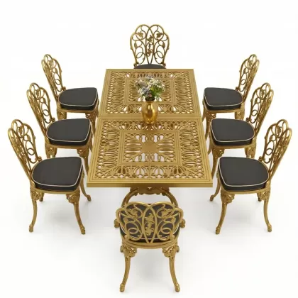 8 Kişilik alüminyum döküm masa sandalye takımı Ferforje metal mobilya Renk Gold Altın