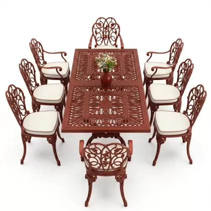 8 Kişilik alüminyum döküm masa sandalye takımı Ferforje metal mobilya Renk Kırmızı Kiremit