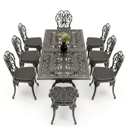 8 Kişilik alüminyum döküm masa sandalye takımı Ferforje metal mobilya Renk Silver Gümüş