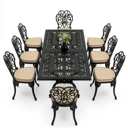 8 Kişilik alüminyum döküm masa sandalye takımı Ferforje metal mobilya Renk Siyah