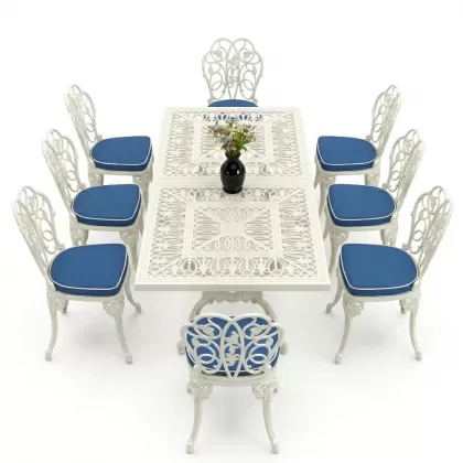 8 Kişilik alüminyum döküm masa sandalye takımı Ferforje metal mobilya Renk Beyaz