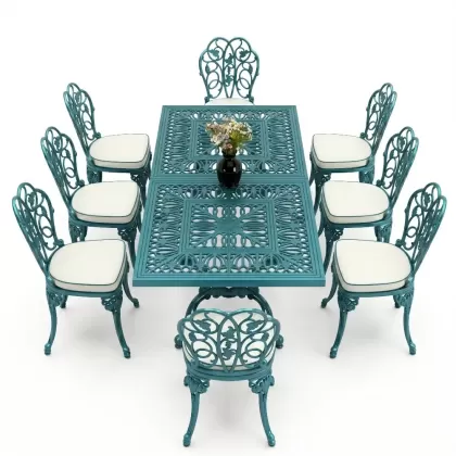 8 Kişilik alüminyum döküm masa sandalye takımı Ferforje metal mobilya Renk Turkuaz