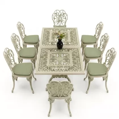 8 Kişilik alüminyum döküm masa sandalye takımı Ferforje metal mobilya Yeşil Beyaz Patina