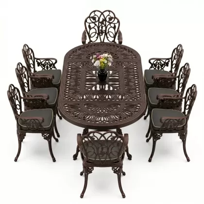 8 Kişilik alüminyum döküm masa sandalye takımı Ferforje metal mobilya Renk Bakır Eskitme