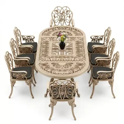 8 Kişilik alüminyum döküm masa sandalye takımı Ferforje metal mobilya Renk Beyaz Eskitme