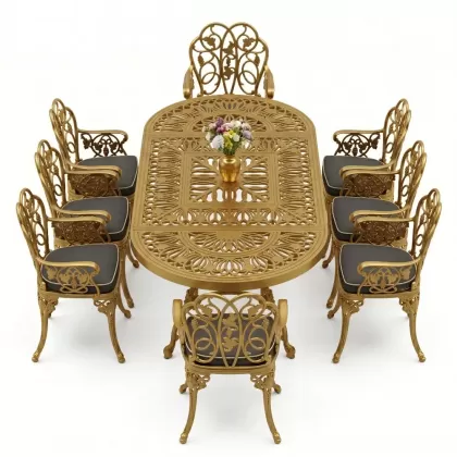 8 Kişilik alüminyum döküm masa sandalye takımı Ferforje metal mobilya Renk Gold Altın