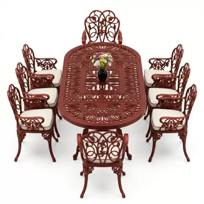 8 Kişilik alüminyum döküm masa sandalye takımı Ferforje metal mobilya Renk Kırmızı Kiremit