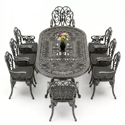 8 Kişilik alüminyum döküm masa sandalye takımı Ferforje metal mobilya Renk Silver Gümüş