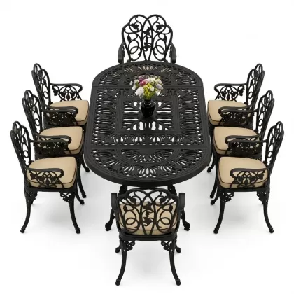 8 Kişilik alüminyum döküm masa sandalye takımı Ferforje metal mobilya Renk Siyah