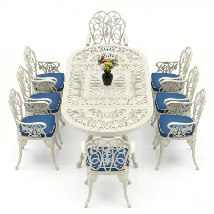 8 Kişilik alüminyum döküm masa sandalye takımı Ferforje metal mobilya Renk Beyaz