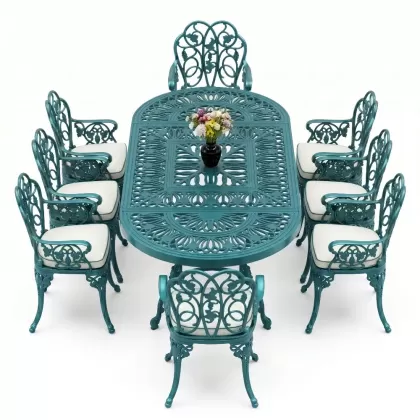8 Kişilik alüminyum döküm masa sandalye takımı Ferforje metal mobilya Renk Turkuaz