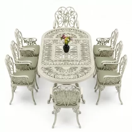 8 Kişilik alüminyum döküm masa sandalye takımı Ferforje metal mobilya Yeşil Beyaz Patina