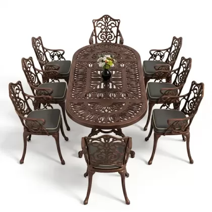 8 Kişilik alüminyum döküm masa sandalye takımı Ferforje metal mobilya Renk Bakır Eskitme