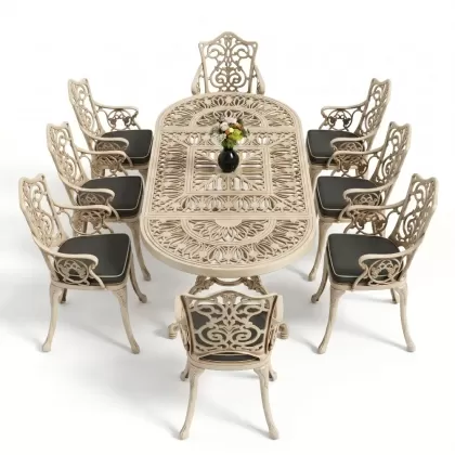8 Kişilik alüminyum döküm masa sandalye takımı Ferforje metal mobilya Renk Beyaz Eskitme