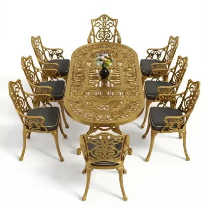 8 Kişilik alüminyum döküm masa sandalye takımı Ferforje metal mobilya Renk Gold Altın