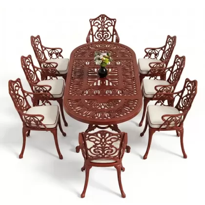 8 Kişilik alüminyum döküm masa sandalye takımı Ferforje metal mobilya Renk Kırmızı Kiremit