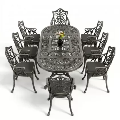 8 Kişilik alüminyum döküm masa sandalye takımı Ferforje metal mobilya Renk Silver Gümüş