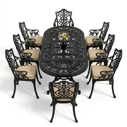 8 Kişilik alüminyum döküm masa sandalye takımı Ferforje metal mobilya Renk Siyah