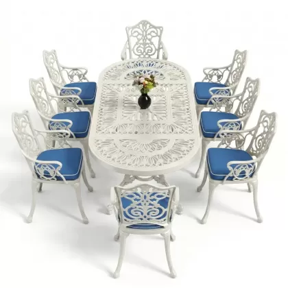 8 Kişilik alüminyum döküm masa sandalye takımı Ferforje metal mobilya Renk Beyaz