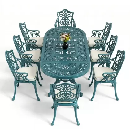8 Kişilik alüminyum döküm masa sandalye takımı Ferforje metal mobilya Renk Turkuaz