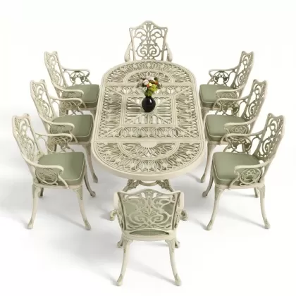 8 Kişilik alüminyum döküm masa sandalye takımı Ferforje metal mobilya Yeşil Beyaz Patina