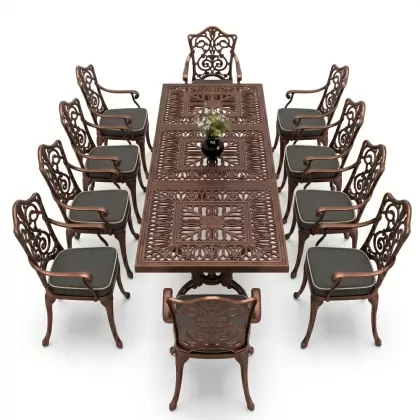 10 Kişilik alüminyum döküm masa sandalye takımı ferforje metal set Renk Bakır Eskitme